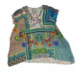 Johnny Was Floral Boho Tunic Top Womens Large Multicolor Cupra Rayon Flowy